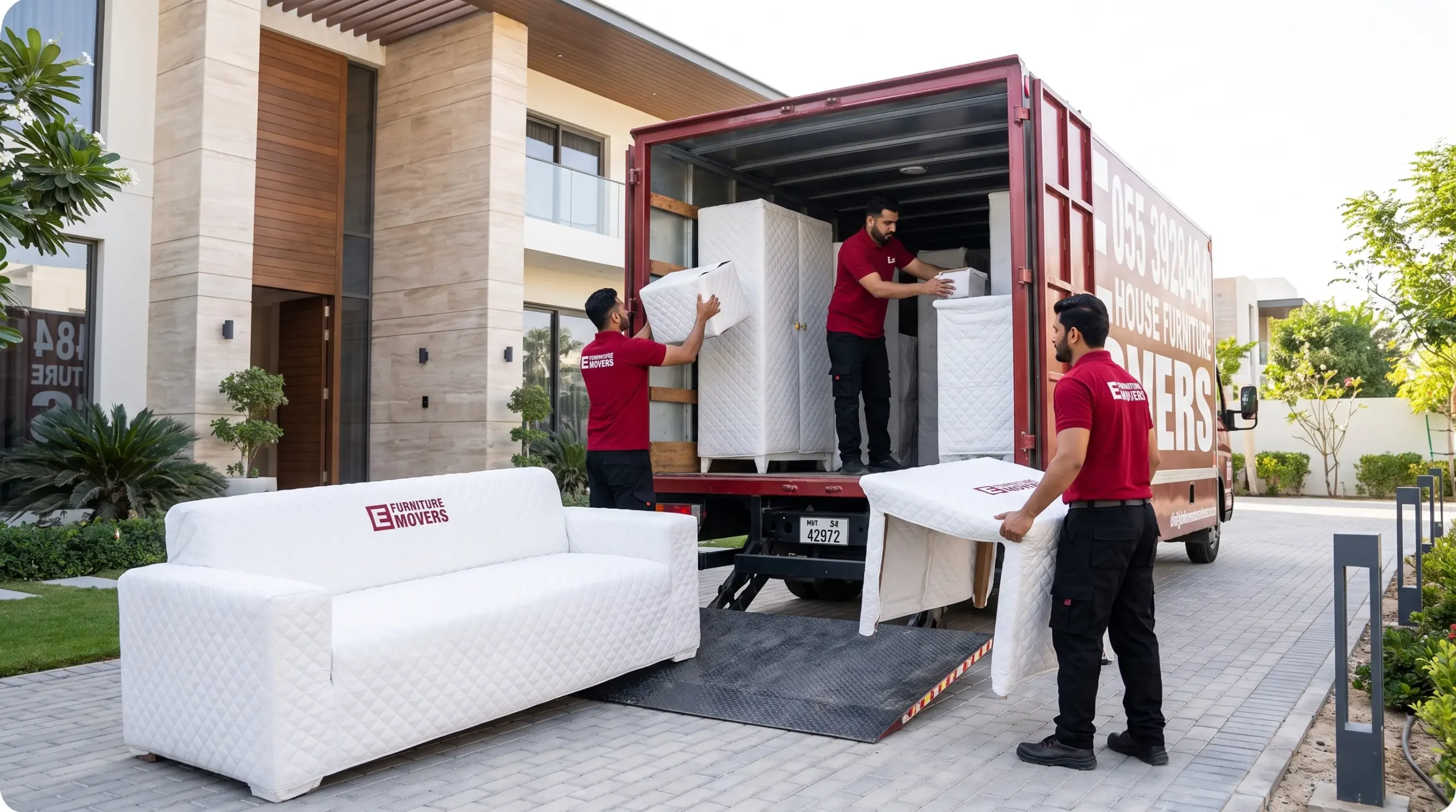 E Furniture Movers crew handling large villa furniture and outdoor items in Dubai