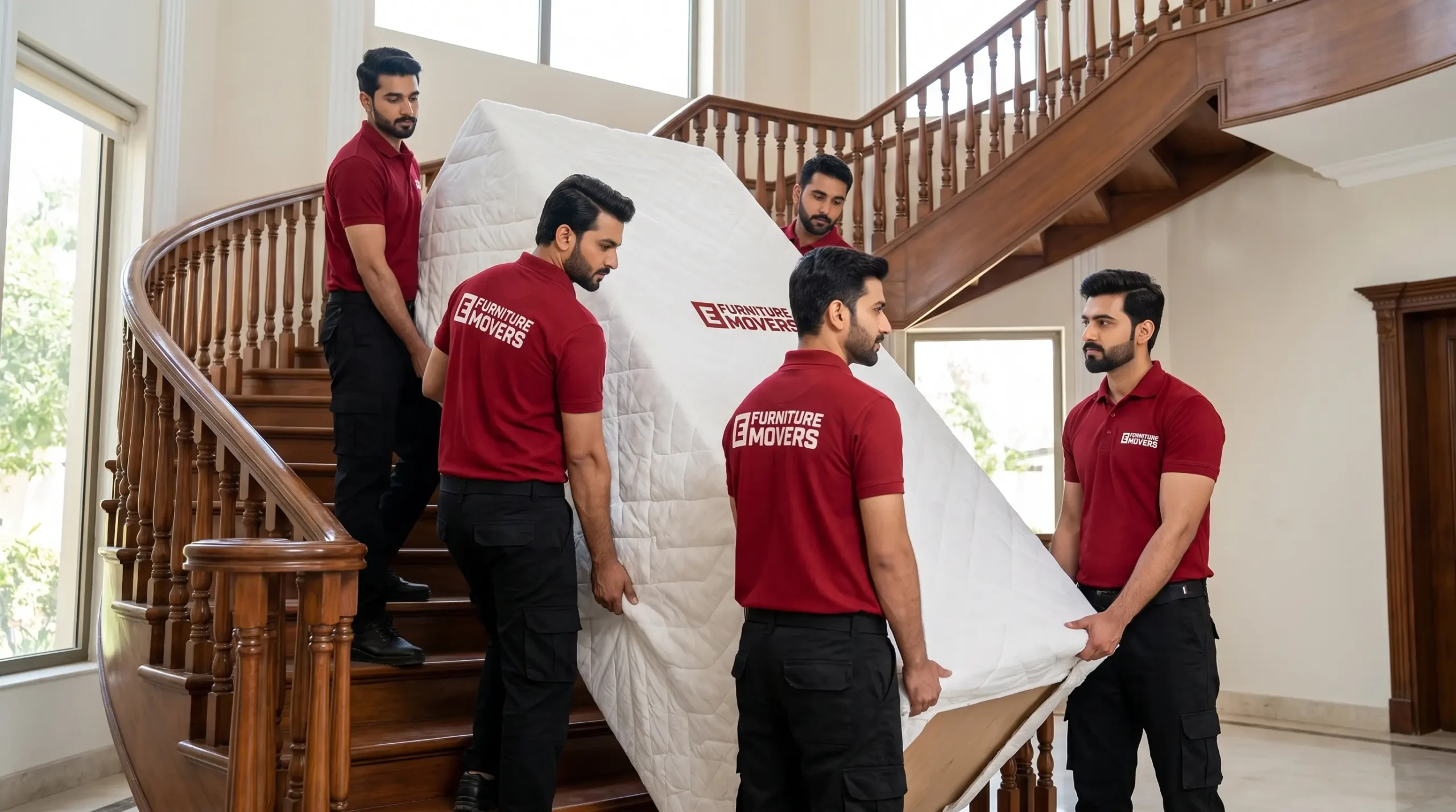 E Furniture Movers repositioning heavy furniture inside a Dubai home