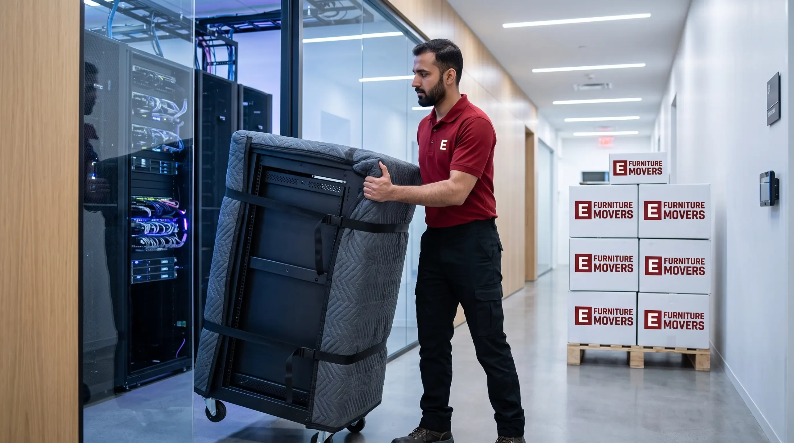 E Furniture Movers relocating server racks and IT equipment in Dubai