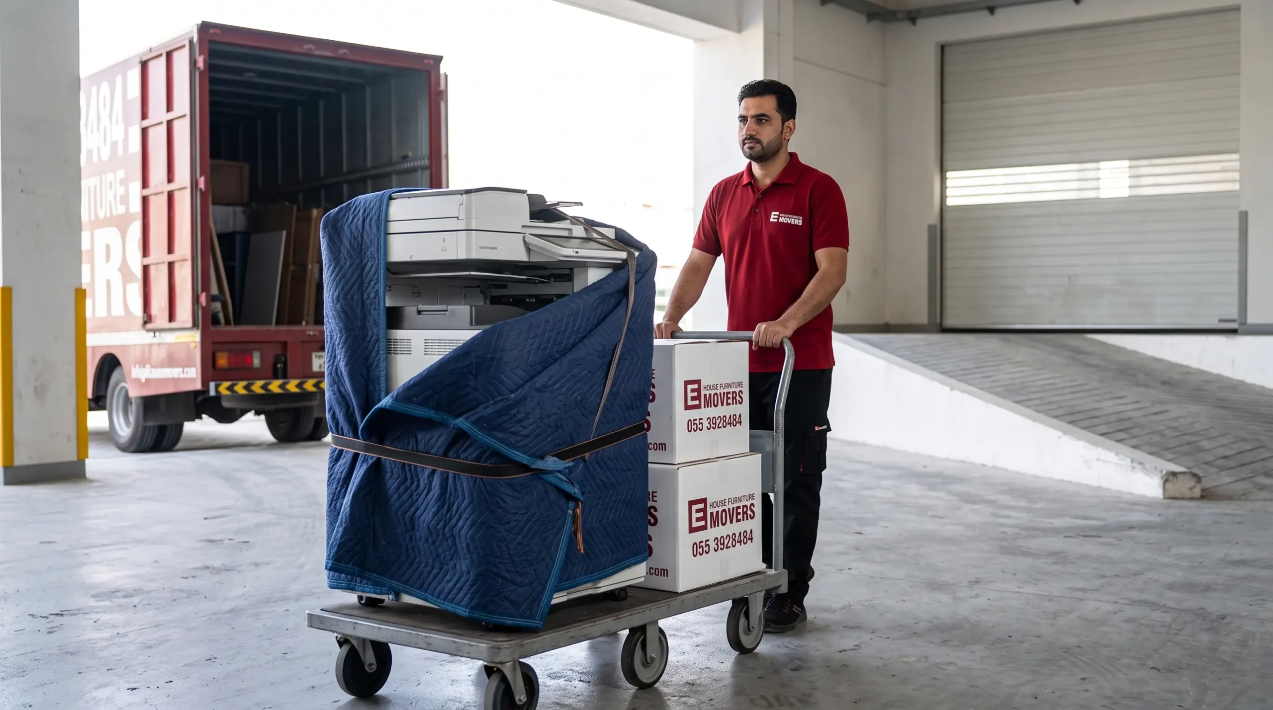 E Furniture Movers handling office IT and workstations during a Dubai relocation