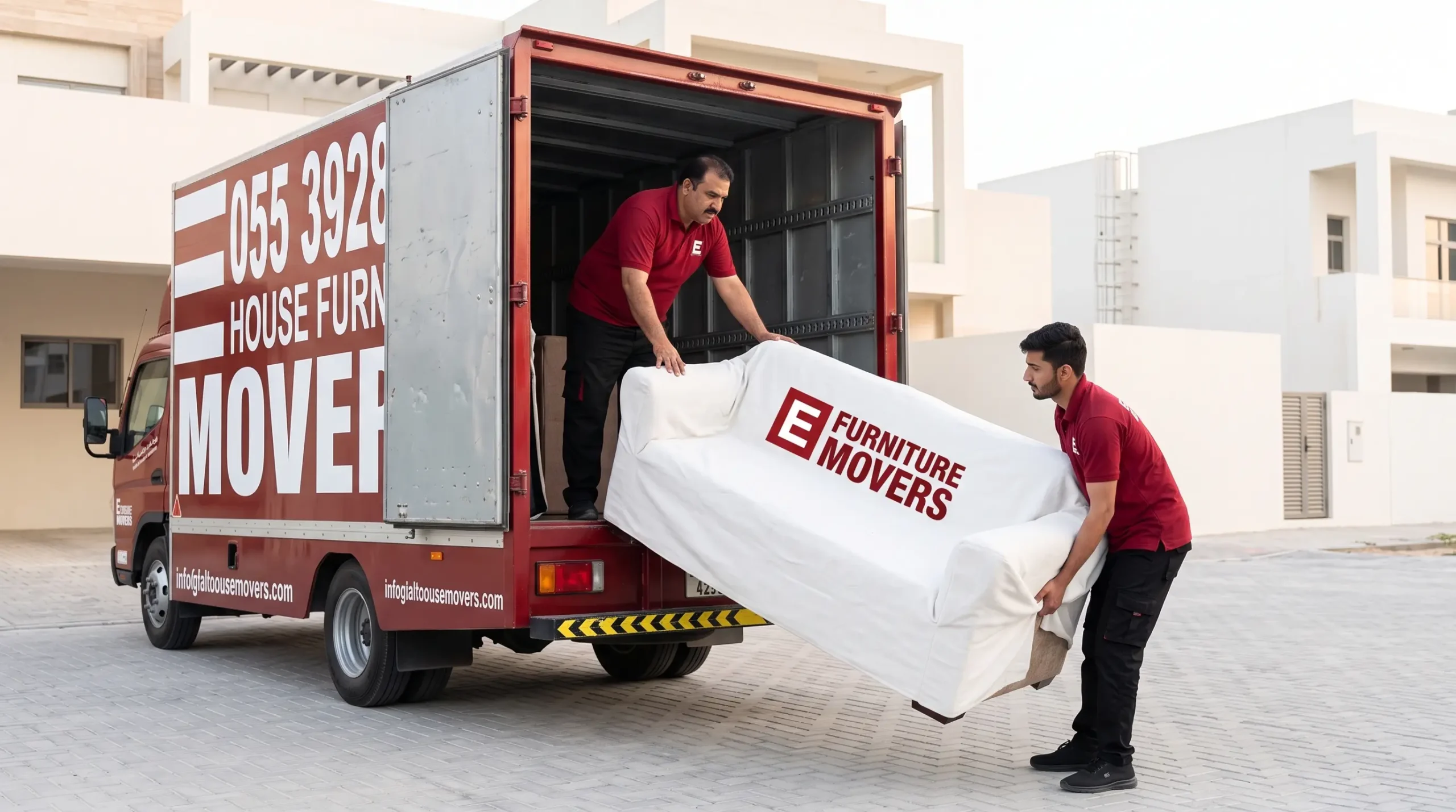 E Furniture Movers repositioning heavy furniture inside a Dubai home